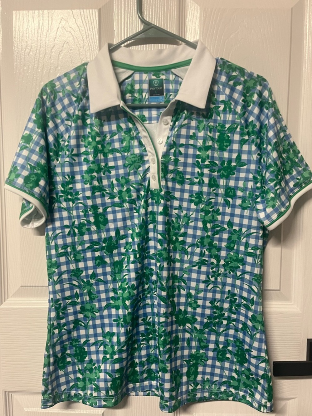 Pro Tour Short Sleeve Gingham Floral Golf Polo Size Large Green